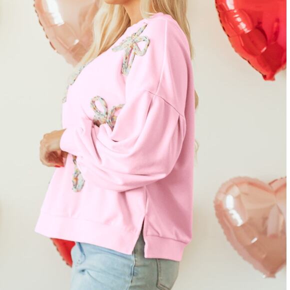 Embroidered Bow Lantern Sleeve Oversized Pullover Sweatshirt Kawaii - Picture 7 of 8